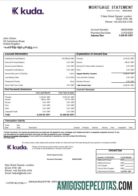 Extrato de hipoteca do Kuda Bank do Reino Unido em formatos Word e PDF exemplo real